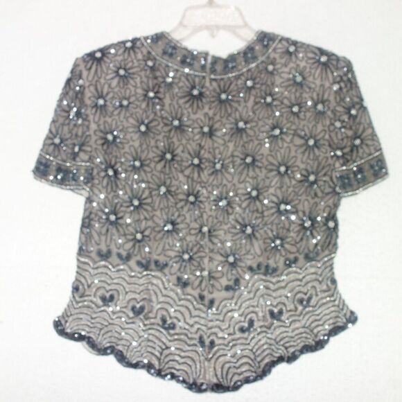 Vintage 100% Silk Papell Boutique Evening Black Silver Beaded Sequin Top MED - Picture 7 of 9